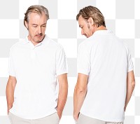 White polo shirt png mockup with mature man on transparent background