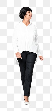 White shirt png mockup women’s apparel on senior model