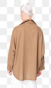 Senior woman png mockup in brown oversized shirt fashion rear view
