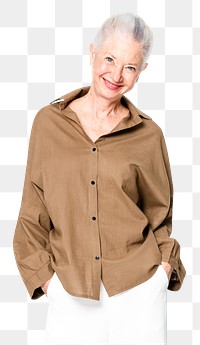 Senior woman png mockup in brown oversized shirt fashion