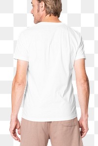 Senior man png mockup in white tee and shorts casual apparel rear view
