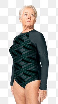 Png senior woman mockup in green surfing swimsuit summer apparel