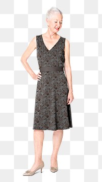Senior woman png mockup in black floral midi dress on transparent background