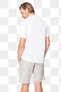 White polo shirt png mockup with mature man on transparent background rear view