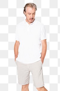 White polo shirt png mockup with mature man on transparent background