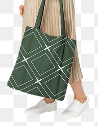 Png green tote bag mockup with rhombus pattern