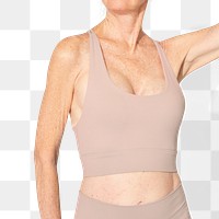 Senior woman png mockup in nude pink sports bra activewear apparel close up