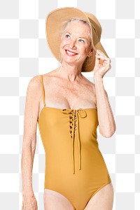 Png senior woman mockup in yellow one-piece swimsuit for summer apparel