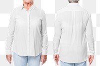 White shirt png mockup women’s apparel on senior model