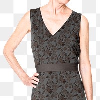 Senior woman png mockup in black floral midi dress