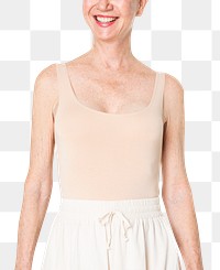 Nude tank top png mockup bodysuit summer apparel on senior woman