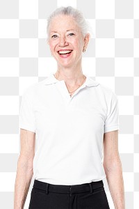 White polo shirt png mockup women&rsquo;s casual apparel on senior model