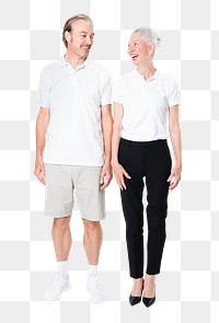 Senior couple png mockup in white polo shirt on transparent background full body