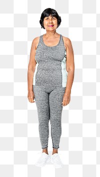 Mature woman png mockup in gray tank top and leggings activewear apparel full body