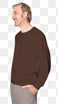 Man mockup png in brown sweater senior unisex casual apparel close up