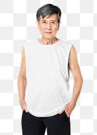 White tank top png mockup summer apparel on senior man
