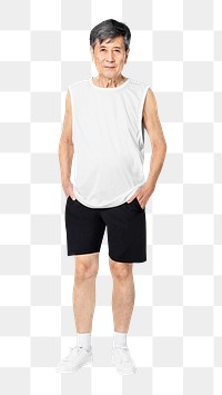 White tank top png mockup summer apparel on senior man full body