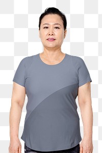 Asian woman png mockup in blue t-shirt men&rsquo;s apparel with design space