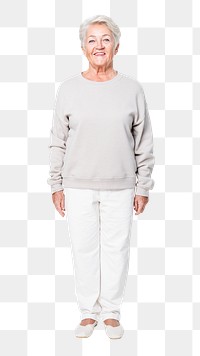 Gray sweater png mockup casual apparel on mature woman full body