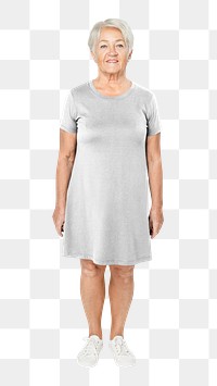 Senior woman png mockup in gray t-shirt dress on transparent background