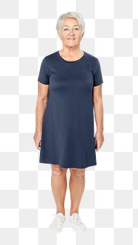 Senior woman png mockup in navy t-shirt dress on transparent background