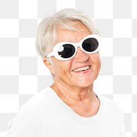 Png happy senior woman mockup wearing white sunglasses summer apparel