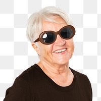 Png happy senior woman mockup wearing black sunglasses summer apparel