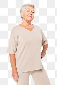 Senior woman png mockup in nude co-ords outfit posing on transparent background