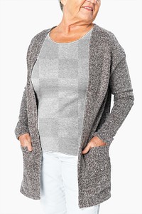 T-shirt png mockup with senior woman wearing cardigan winter apparel shoot