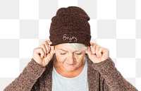 Senior woman png mockup in red beanie winter apparel