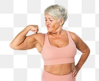 Senior woman png mockup in pink sports bra activewear apparel close up