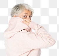 Senior woman png mockup in pink hoodie casual apparel rear view
