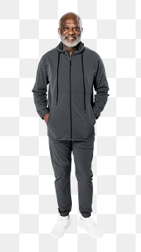 Senior man png mockup in gray jacket and sweatpants casual outfit full body