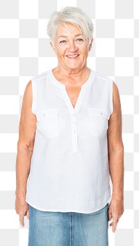 White sleeveless blouse png mockup casual apparel on senior woman