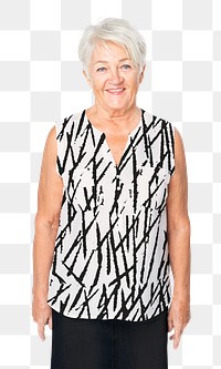 Senior woman png mockup in black and white abstract design tank top