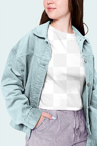 Png transparent tee mockup with blue jacket youth fashion shoot