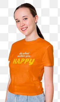 Png orange tee mockup printed with motivational quote youth apparel shoot