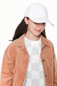 Png transparent tee mockup with brown jacket youth fashion shoot