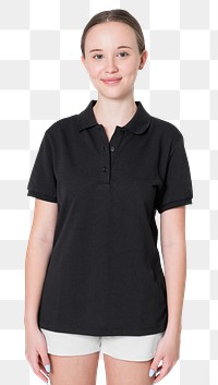 Png teenage girl mockup in black polo shirt basic youth apparel shoot