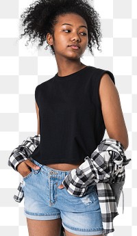 Png teenage girl mockup in black top and flannel shirt youth apparel shoot