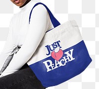 Png blue tote bag mockup with just peachy design
