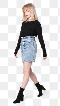 Png teenage girl in black long sleeve and denim skirt youth fashion shoot