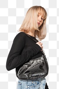 Png blonde girl mockup in black outfit and black baguette bag apparel shoot