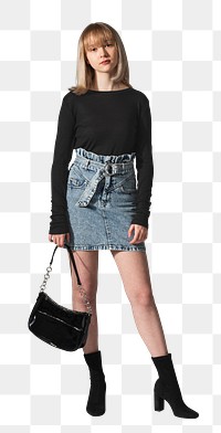 Png teenage girl in black long sleeve and denim skirt youth fashion shoot