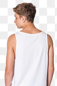 Png man mockup in white tank top teenage summer apparel shoot