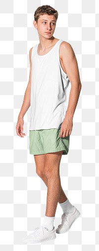 Png man mockup in white tank top and green shorts teenage summer apparel shoot