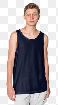 Png man mockup in dark tank top and gray shorts teenage summer apparel shoot