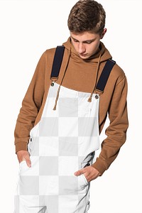 Png transparent dungarees mockup with brown hoodie for street style shoot