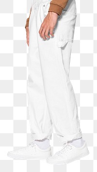 Png white dungarees mockup lower shot street style photoshoot