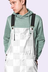 Png transparent dungarees mockup with green hoodie for street style shoot
